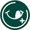 A dark green circle icon with a white symbol in the middle, of a mouth, sticking its tongue out and a little plus sign below it.